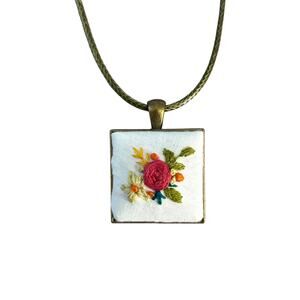 Maroon Wild Flower Embroidery Necklace in Square Bezel - Handmade